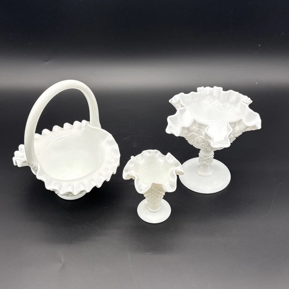 Vintage Fenton White Milk Glass Decor Lot - Hobnail Basket, Vase & Compote Set